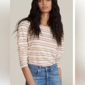 Veronica Beard Striped Long-Sleeve Crewneck Top in Cream and Tan